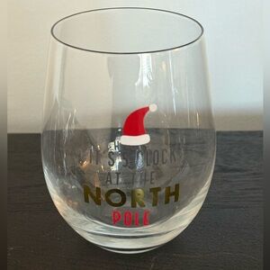 Festive Holiday Stemless “It’s five o’clock at the North Pole”, Wine Glass.